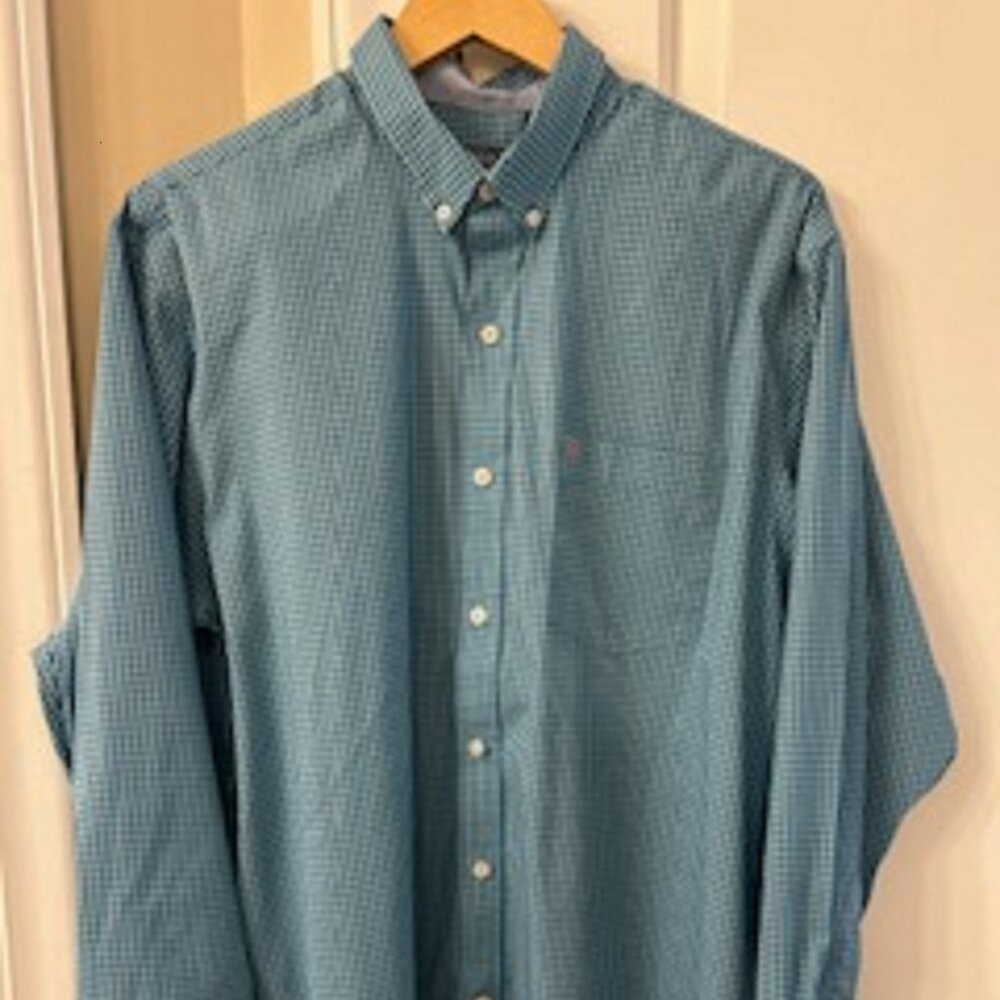 Men's Shirt Button Down IZOD L Teal Plaid Pattern Long Sleeve Machine Washable